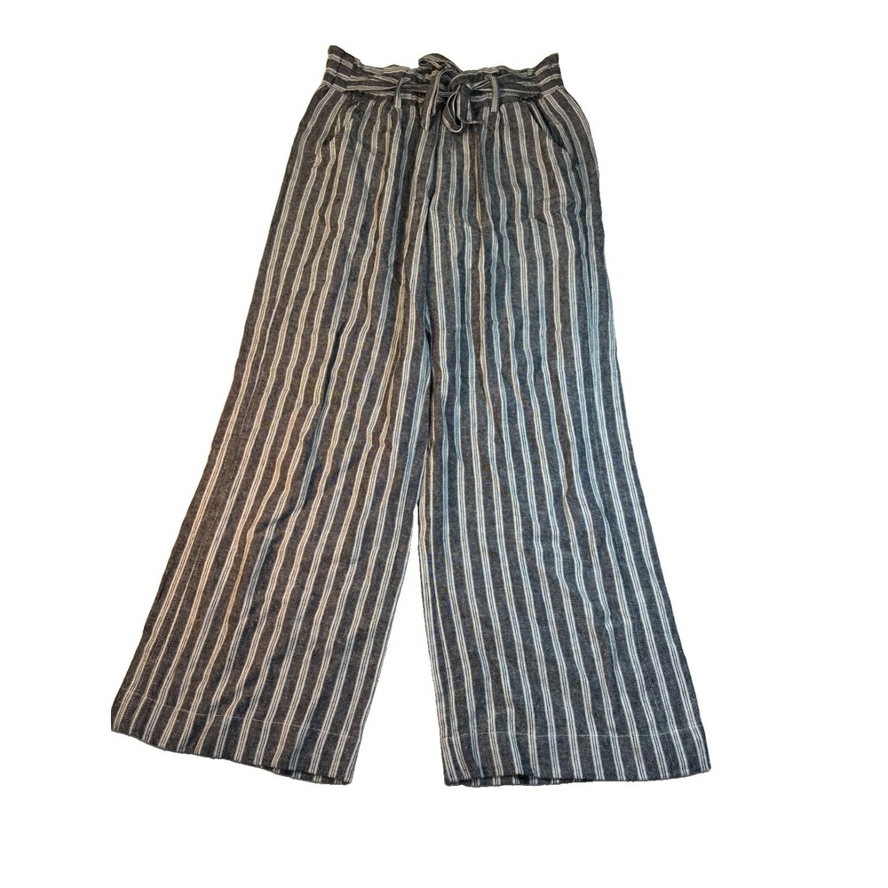 Rewind Paper Bag Tie Pants Sz S Grey Striped Linen Blend Straight Leg Boho